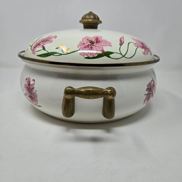 Vintage Normandy Taiwan Lily Floral Enamelware Casserole Dish With Lid & Brass H - Picture 5 of 12